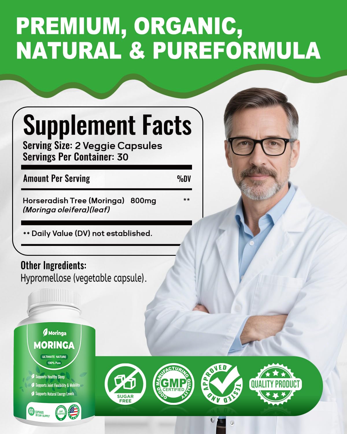 Moringa Capsules 800mg โ Pure Moringa Powder Supplement (60 Capsules)