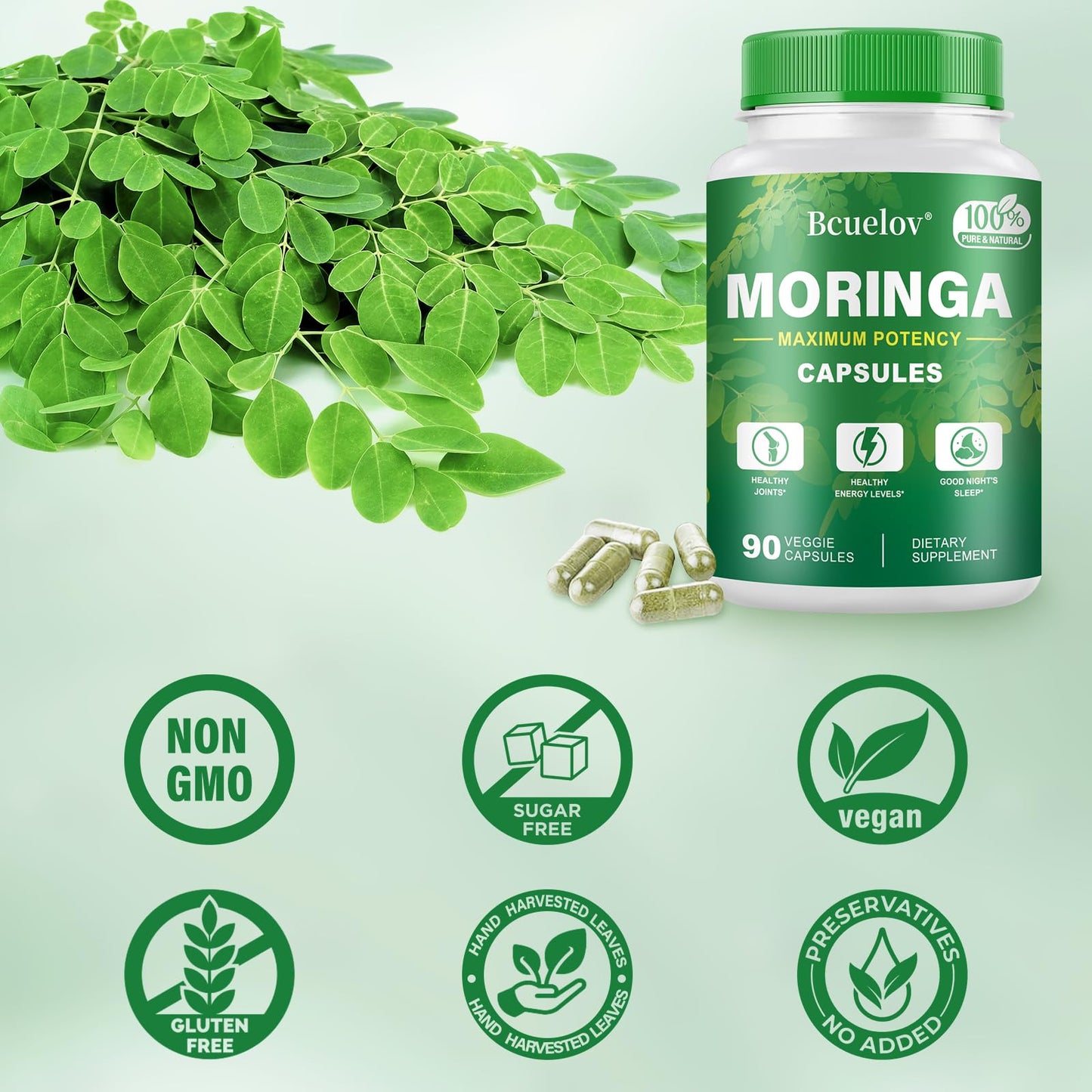 Moringa Capsules 800mg | Pure Moringa Powder Capsules for Energy, Skin & Immune Support โ 90 Caps