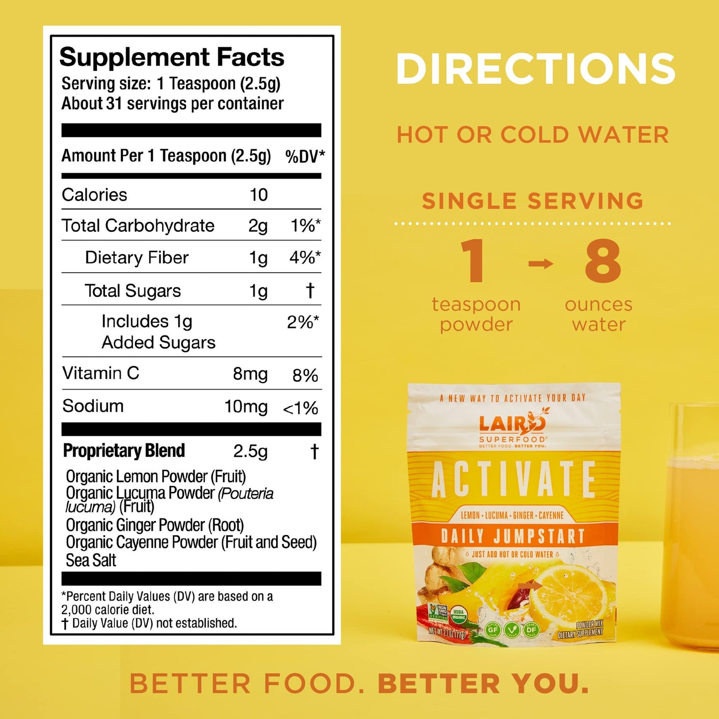 Laird Superfood Morning Jumpstart Powder Drink Supplement β Lemon, Lucuma, Ginger & Cayenne, Organic, 2.7 oz (Pack of 1)