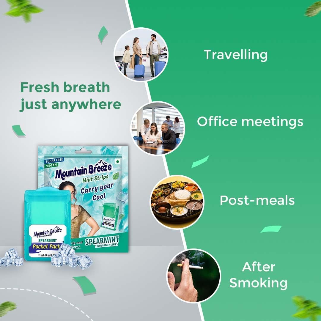 Mountain Breeze Mouth Fresh Strips โ Sugar Free Spear Mint Breath Strips, 24 Strips per Cassette, Pack of 3