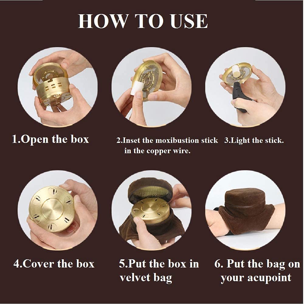 Chinese Moxibustion Box Kit โ Smokeless Portable Moxa Set (54pcs, 3 Copper Burners, Acupoint Map)