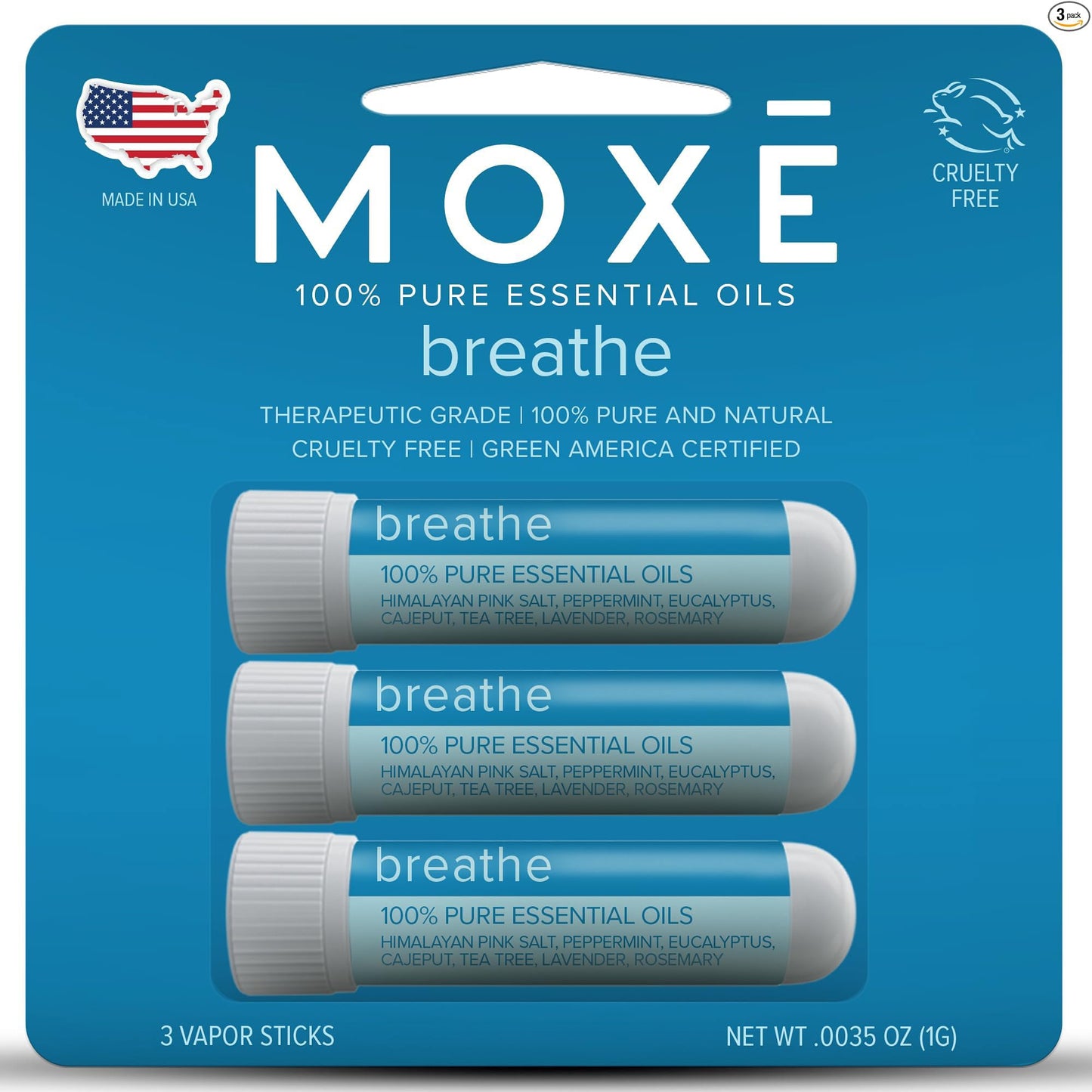 MOXE Breathe | Himalayan Salt Inhaler | Help Clear Congestion, Boost Focus and Improve Breathing | Natural Aromatherapy | Peppermint, Lavender and Tee Tree Essential Oil (3 Pack)