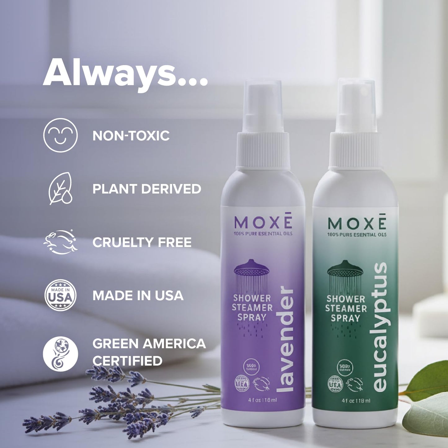 MOXE Shower Mist โ Spa Steam Spray with Lavender & Eucalyptus (4 fl oz x 2)