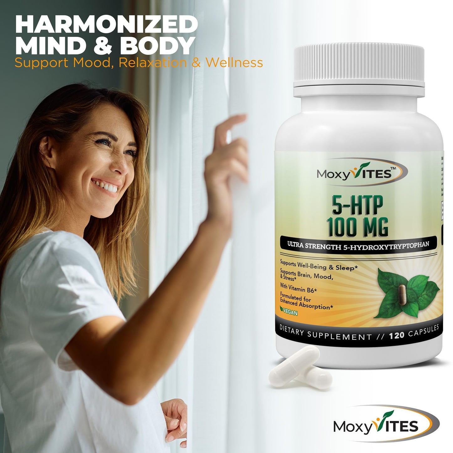 MoxyVites 5HTP 100mg with B6 โ Organic, Non-GMO, 120 Vegan Capsules