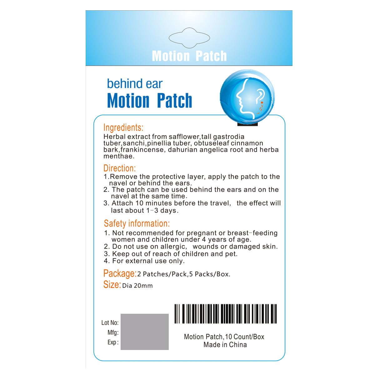MQ Motion Sickness Patch โ Non-Drowsy, 20 Count, Fast-Acting, 72H Travel Patches Behind Ear