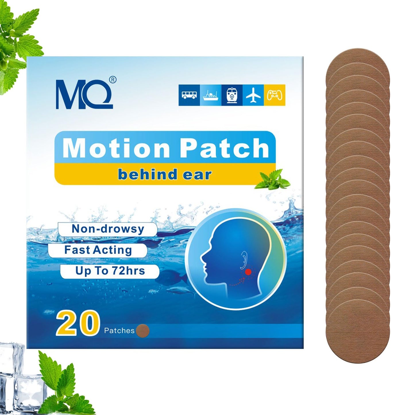 MQ 20ct Motion Sickness Patches โ Dark Color, Waterproof, 72H, Travel Essential