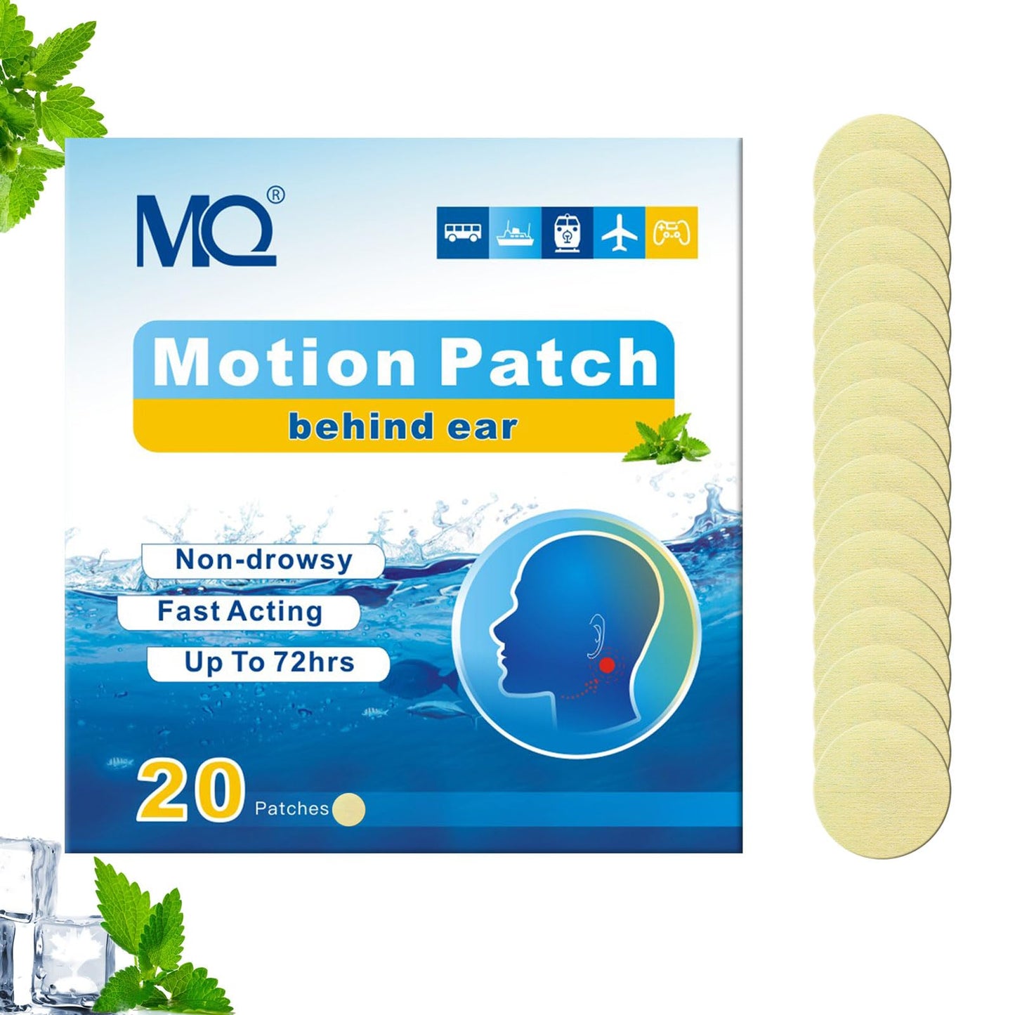 MQ Motion Sickness Patches 20ct โ Non-Drowsy, Waterproof, 72H Lasting Travel Patches