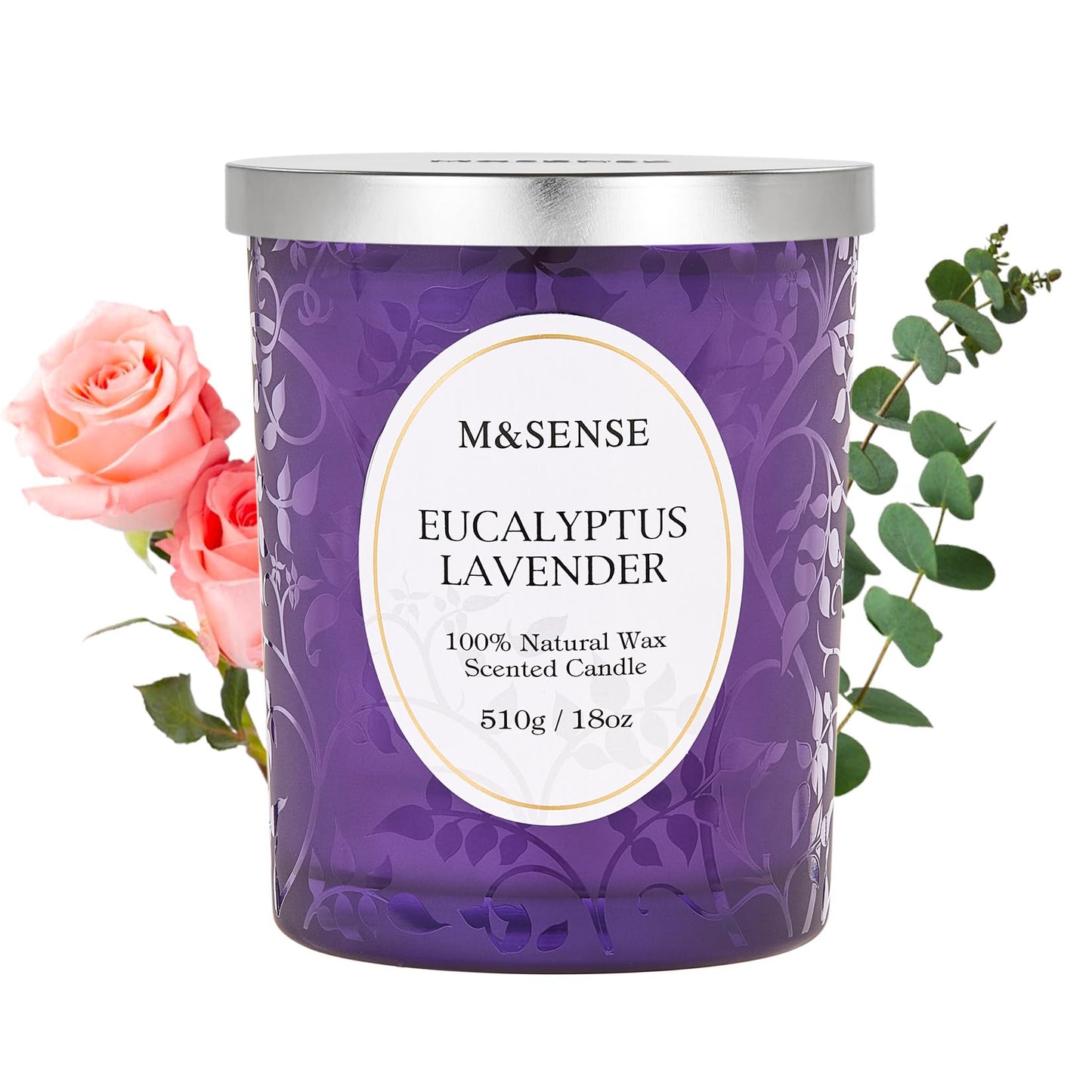 M&SENSE Eucalyptus Lavender Candle โ 18oz, 100+ Hours, Wooden Wick, Non-Toxic