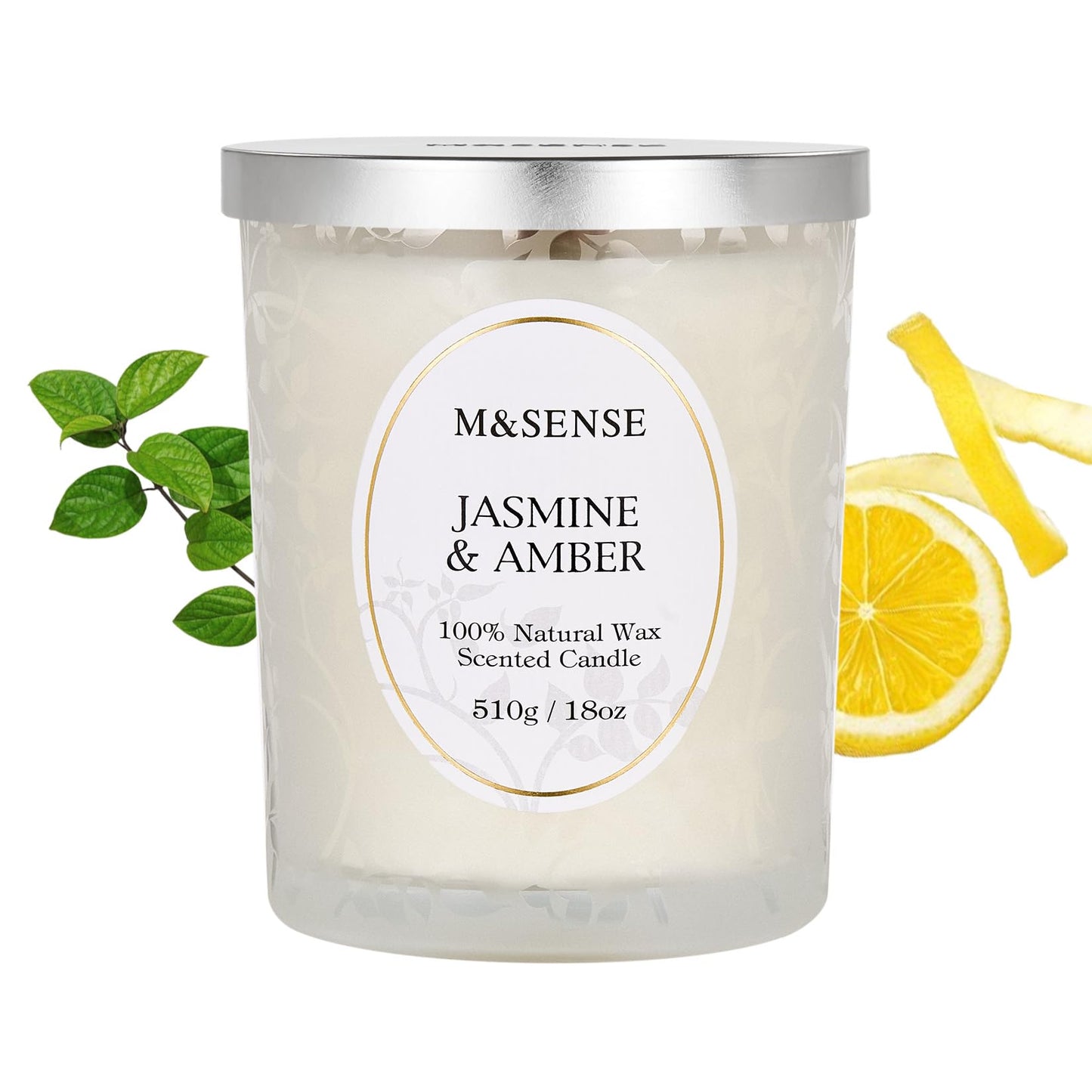 M&SENSE Jasmine Amber Candle β 18oz Soy Wax, Crackling Wooden Wick, 100-Hour Clean Burn