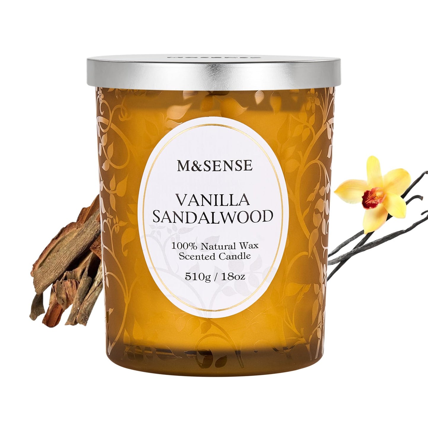 M&SENSE Vanilla Sandalwood Candle โ 18oz, 100h, Wooden Wick, Non-Toxic