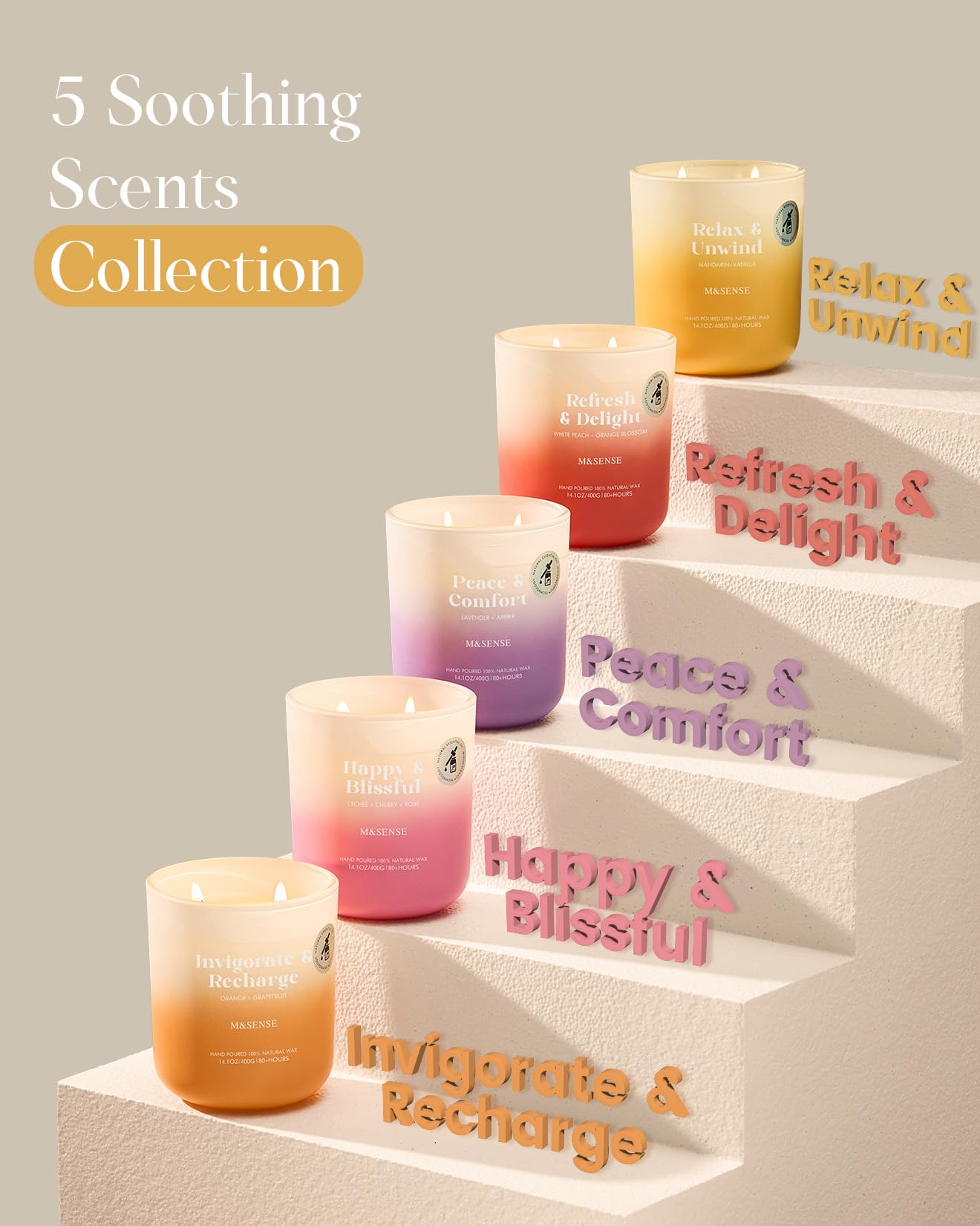 M&SENSE White Peach & Orange Blossom Candle โ 14.1oz, 80-Hour Non-Toxic Soy Wax