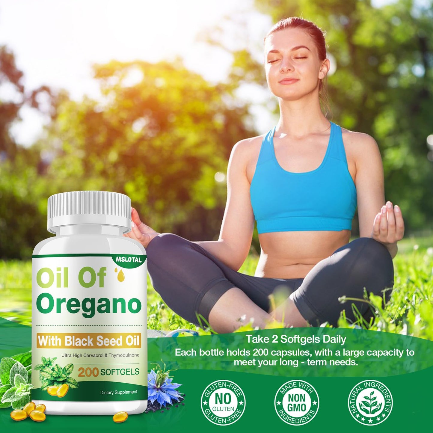 MSLOTAL Oil of Oregano with Black Seed Oil โ 200 Count Capsules | Immune & Digestive Support