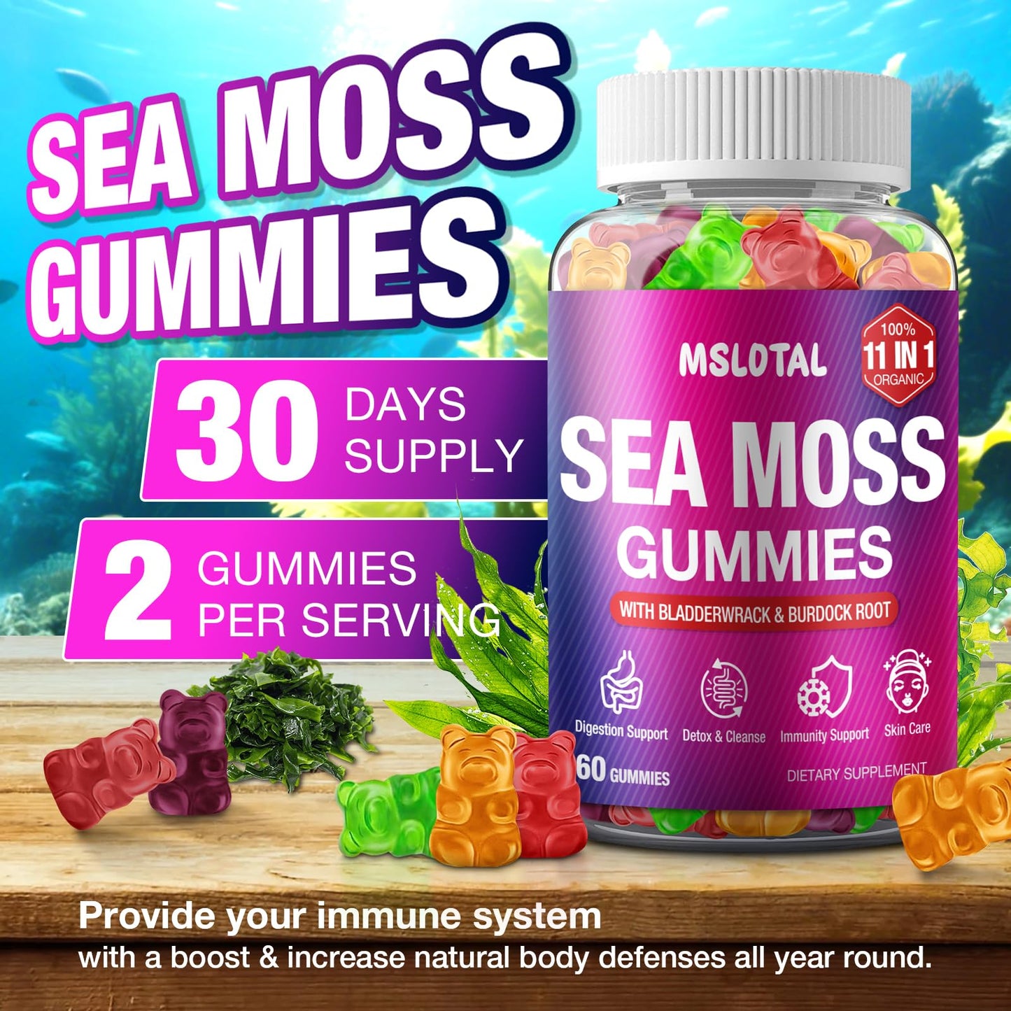MSLOTAL Irish Sea Moss Gummies with Black Seed Oil, Ashwagandha & Shilajit โ Immune Support, Vegan, 120 Gummies