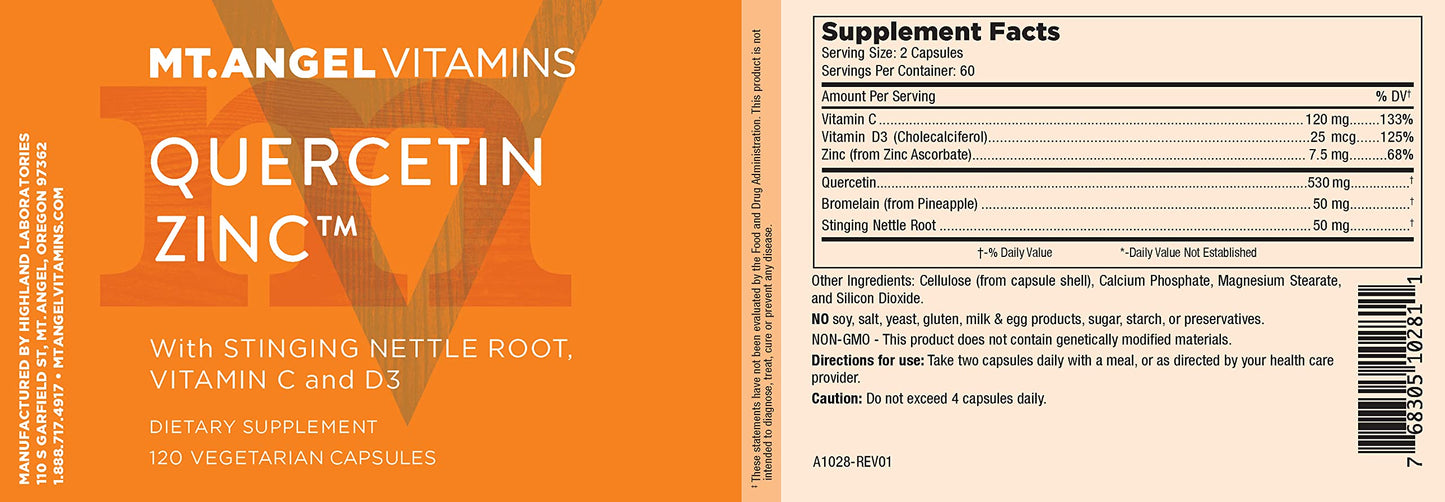 Mt. Angel Vitamins Zinc Quercetin with Bromelain β Immune Support & Respiratory Health, Quercetin 500mg, Zinc 50mg, Vitamin C | 120ct