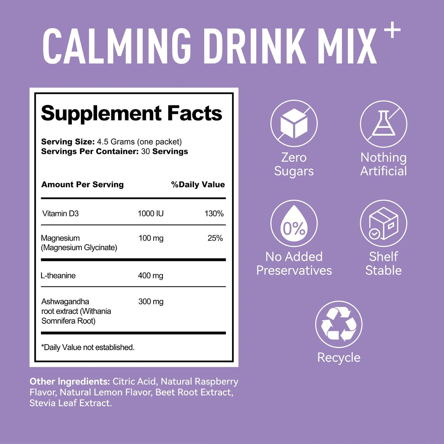 MTCUNXI UltraCalm Cortisol Drink with Magnesium Glycinate, Ashwagandha, L-Theanine โ Raspberry Lemonade, Sugar Free (30 Servings)