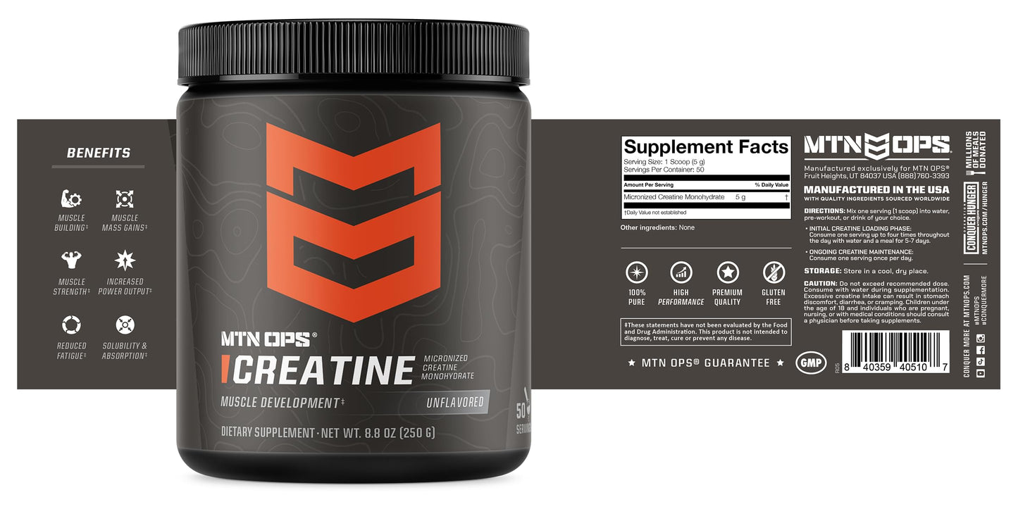 MTN OPS Creatine Monohydrate Powder, Unflavored 50 Serving Tub โ 100% Pure Micronized