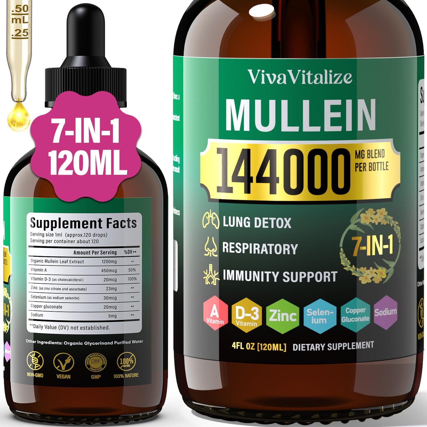 Mullein Drops for Lungs โ 144000mg Mullein Leaf Extract | 120-Day Supply