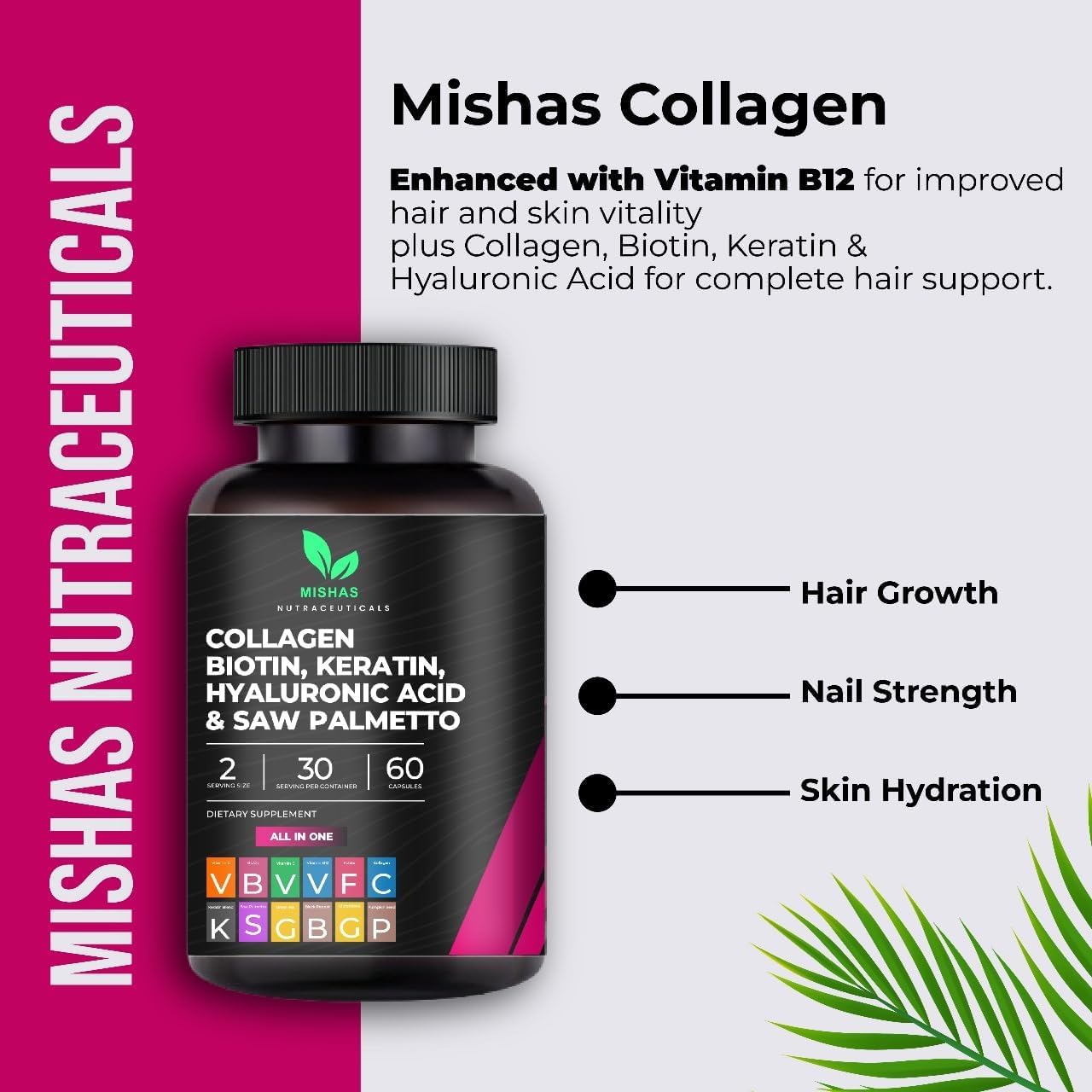 Multi Collagen Hair Pills with Biotin 10,000mcg โ Keratin, Hyaluronic Acid & DHT Blocker | 60 Vegan Capsules