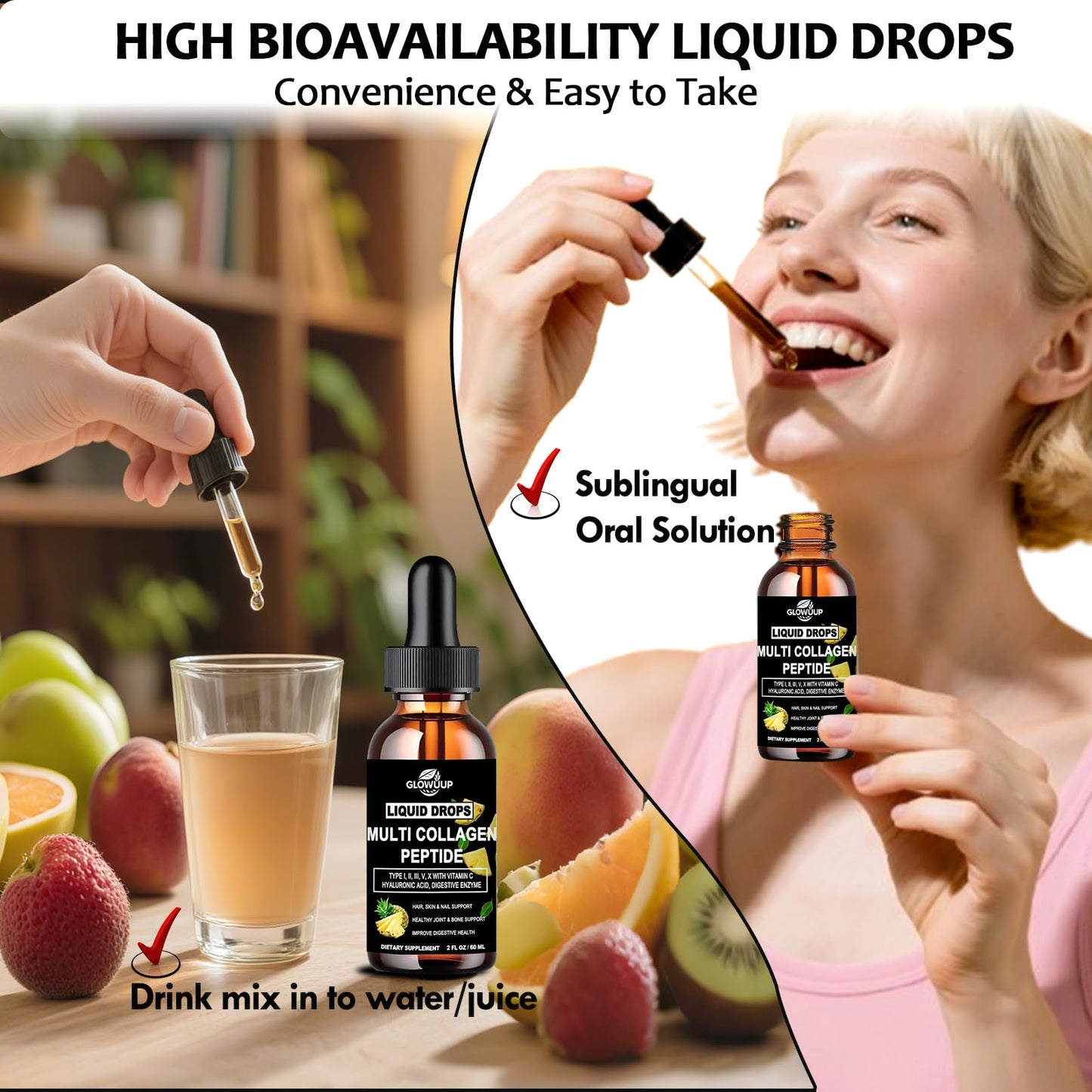 Multi Collagen Peptides Liquid Drops with Hyaluronic Acid โ Hair, Skin & Joints