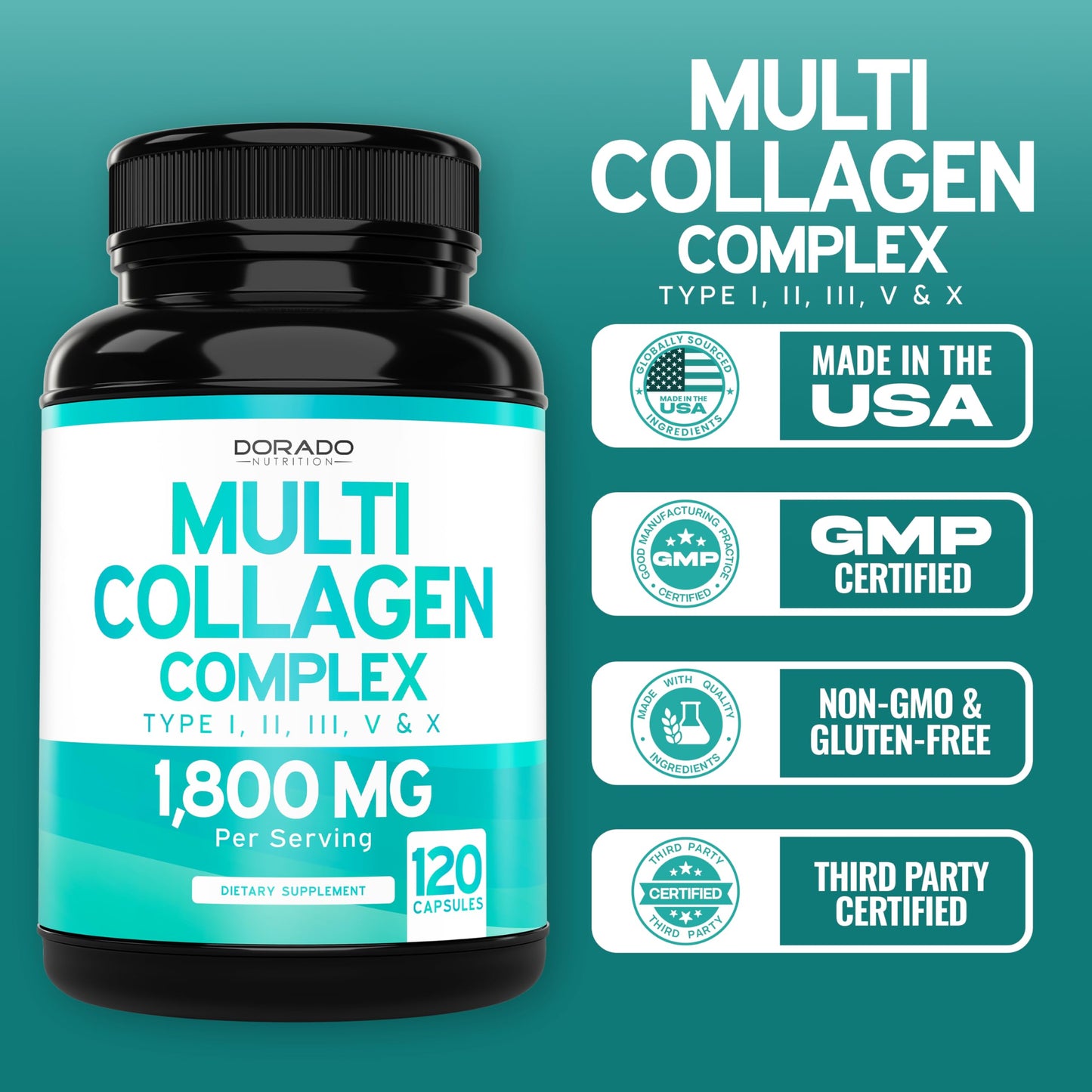 Multi Collagen Pills for Women & Men โ 120 Capsules | Types I-V-X | USA Made