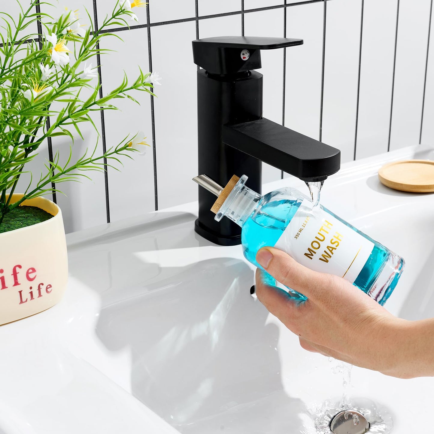 Glass Mouthwash Dispenser for Bathroom โ 11.8oz, Stainless Steel Spouts, Bamboo Holder