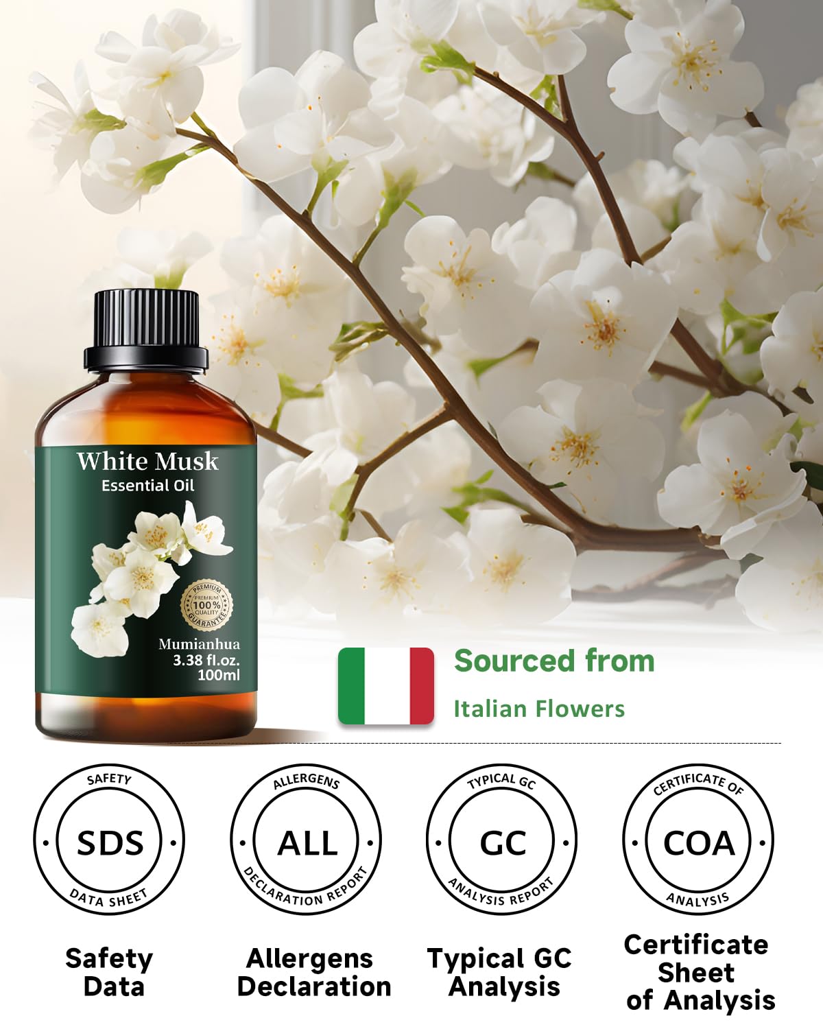 Mumianhua White Musk Oil 100% Pure β Therapeutic Grade Essential Oil for Diffusers, Skin & Body Care (3.38 fl oz)