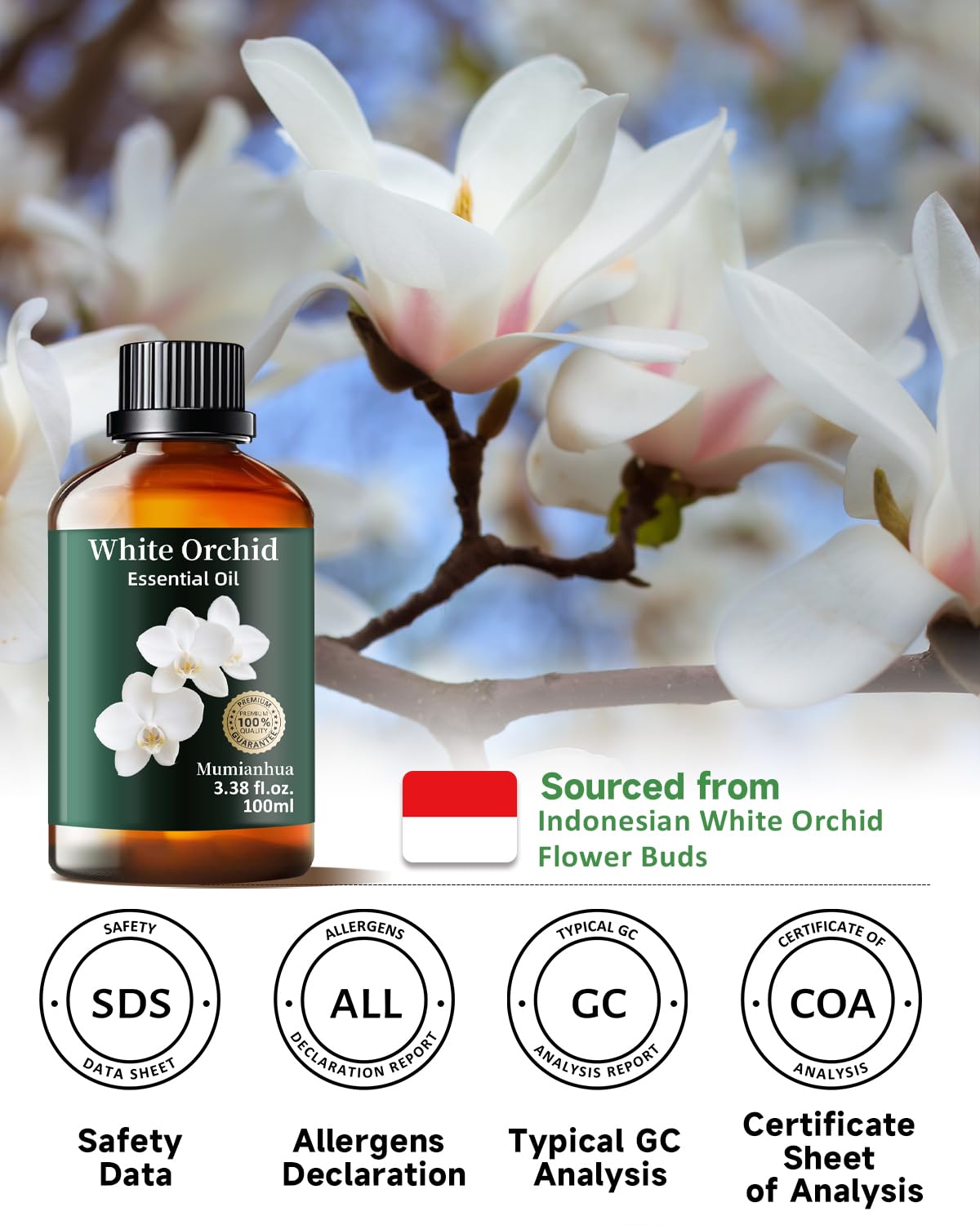 Mumianhua White Orchid Essential Oil 100ml โ Therapeutic Grade for Diffuser, Skin & Candles