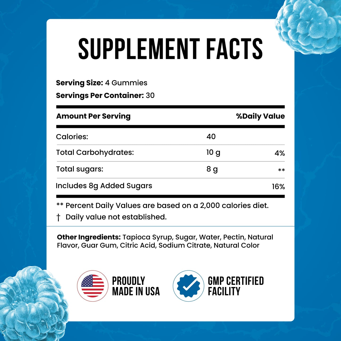 Creatine Monohydrate Gummies 5g Dose โ Made in USA, Vegan, Gluten Free | Bluerazz Blast 120 Gummies