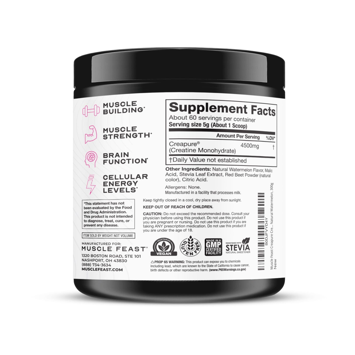 Muscle Feast Creapure Creatine Monohydrate Powder β Natural Watermelon, 60 Servings, 300g