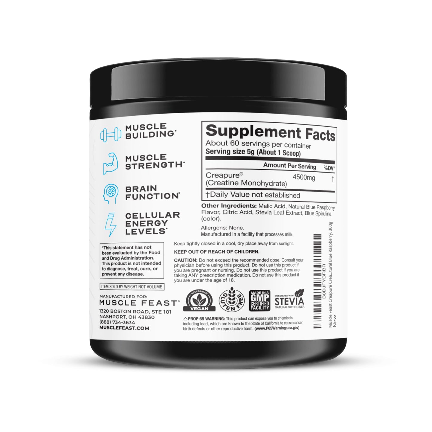 Muscle Feast Creapure Creatine Monohydrate Powder β Vegan, Gluten-Free, Keto Friendly β Natural Blue Raspberry, 300g