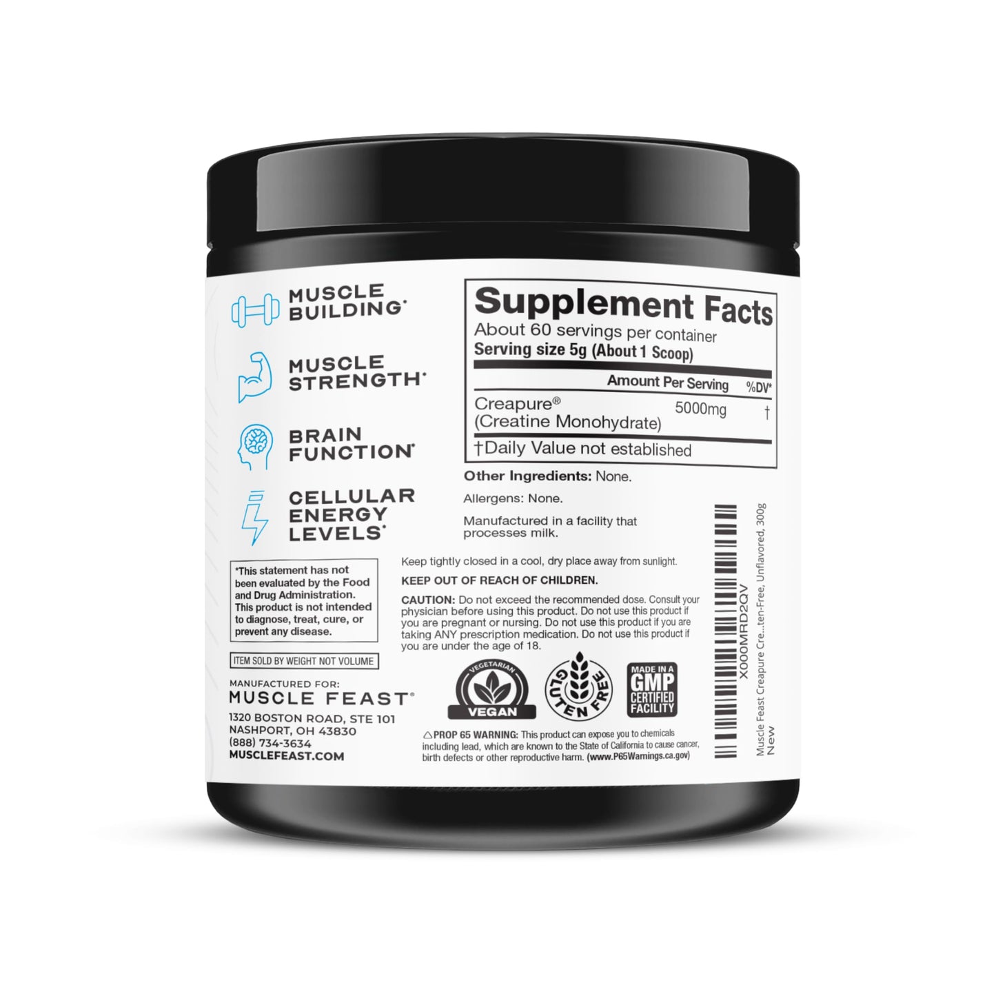 Muscle Feast Creapure Creatine Monohydrate Powder โ Unflavored, 300g | Vegan, Gluten-Free, Keto Friendly, 60 Servings