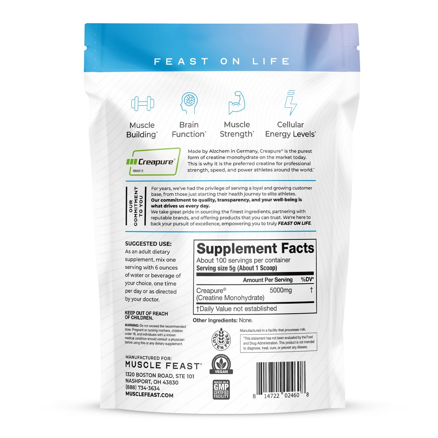 Muscle Feast Creapure Creatine Monohydrate Powder β Unflavored, Vegan & Gluten-Free, 500g