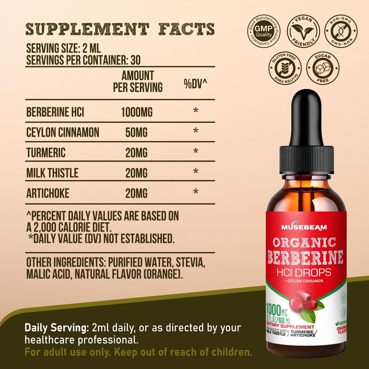 Musebeam Berberine HCL Drops 1000mg β 5-in-1 Cinnamon, Turmeric, Milk Thistle & Artichoke | Vegan, Sugar-Free, Gluten-Free 2 fl oz