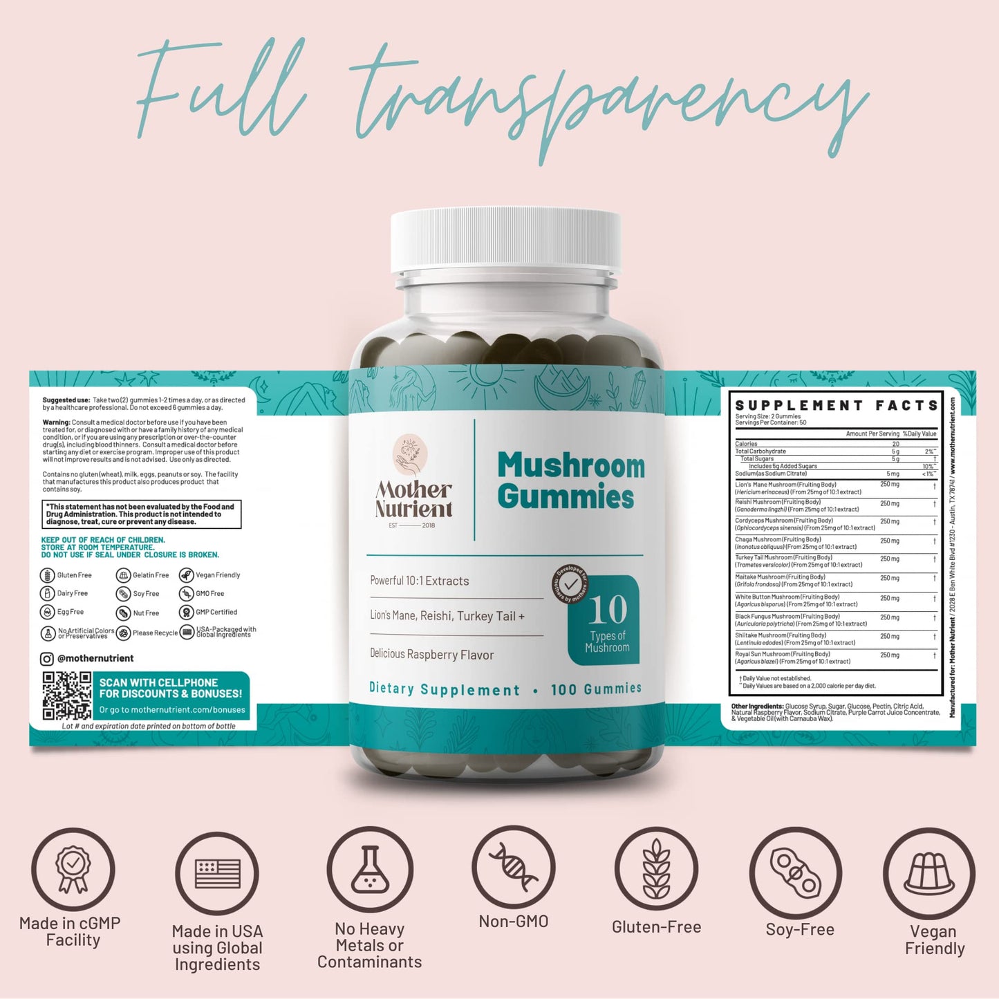 Mushroom Gummies – 50 Day Supply (100 ct) | Chaga Reishi Cordyceps Lion’s Mane