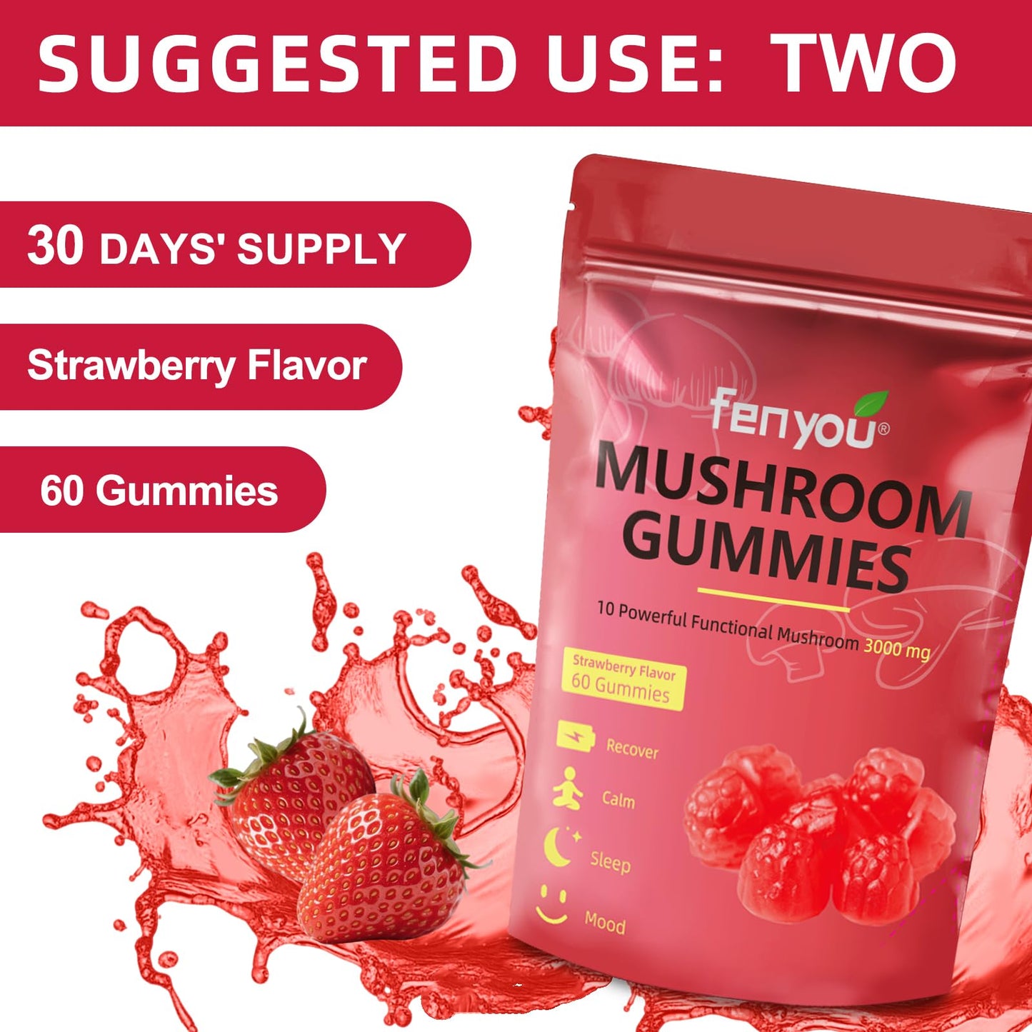 Mushroom Gummies โ Lions Mane, Reishi, Chaga & Maitake for Immune Support and Focus (Vegan Strawberry) 60 Count