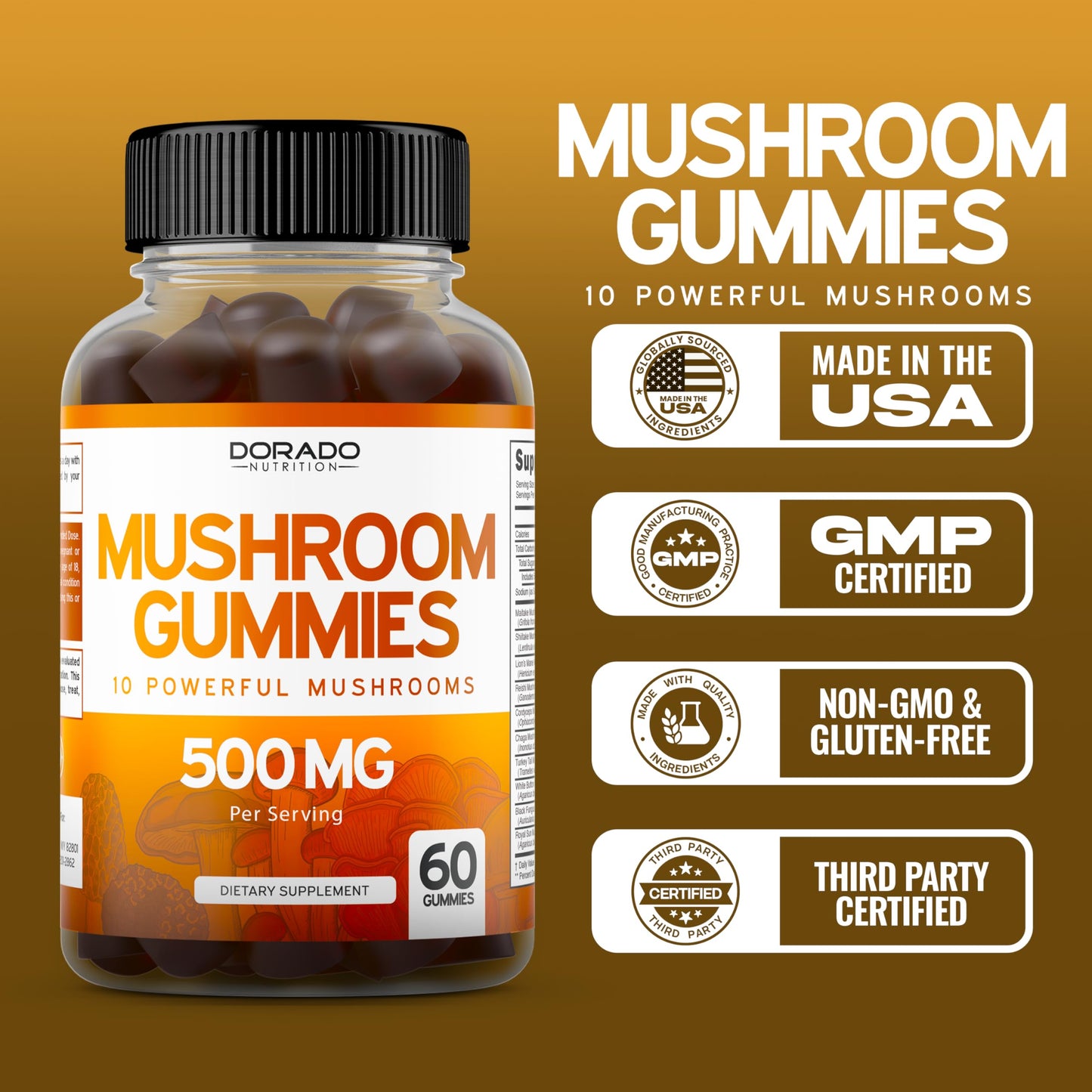 Mushroom Gummies 10-in-1 Blend โ 60 Gummies for Focus & Brain | Vegan, USA Made