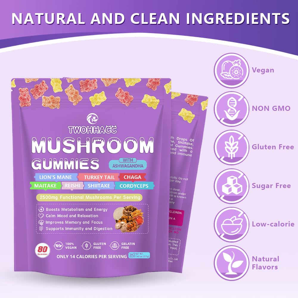 Mushroom Gummies with Ashwagandha & Lion's Mane โ Nootropic Brain Support, Immune & Stress Relief