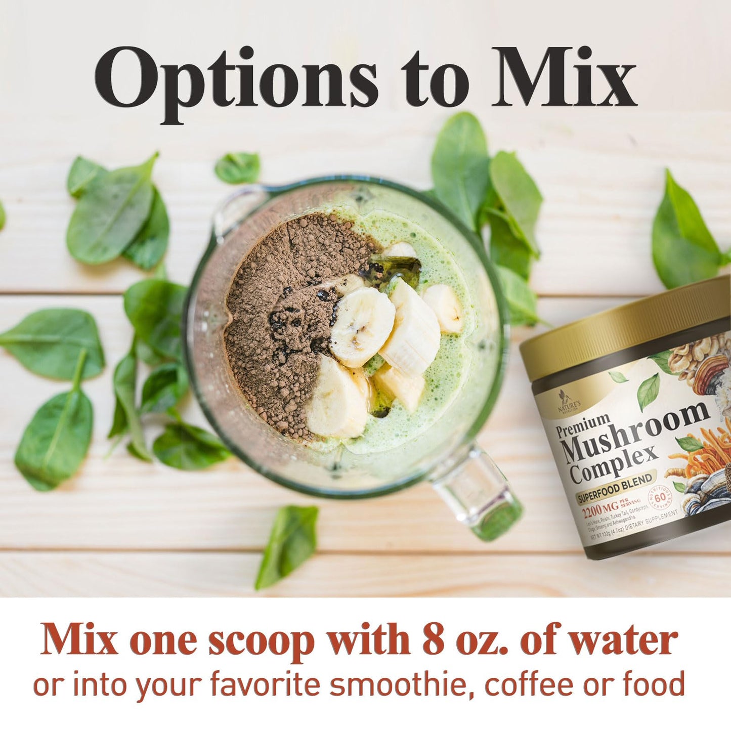 Mushroom Powder 2200mg โ 11-in-1 Organic Lion's Mane, Reishi, Cordyceps | 60 Servings