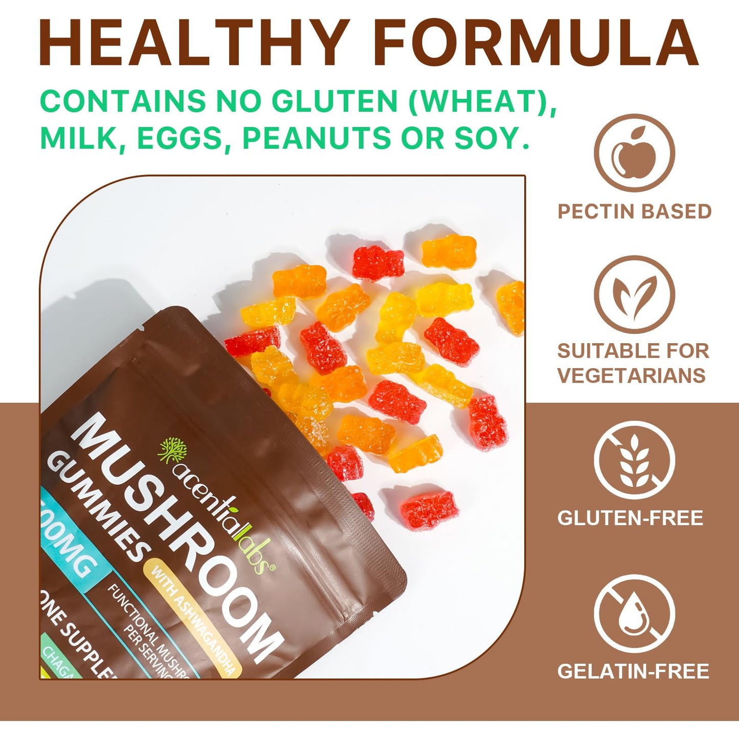 Mushroom Gummies for Adults โ 10x Mushroom Supplement for Energy, Focus, Mood, Immune & Cognitive Support | Vegan, 80 Gummies