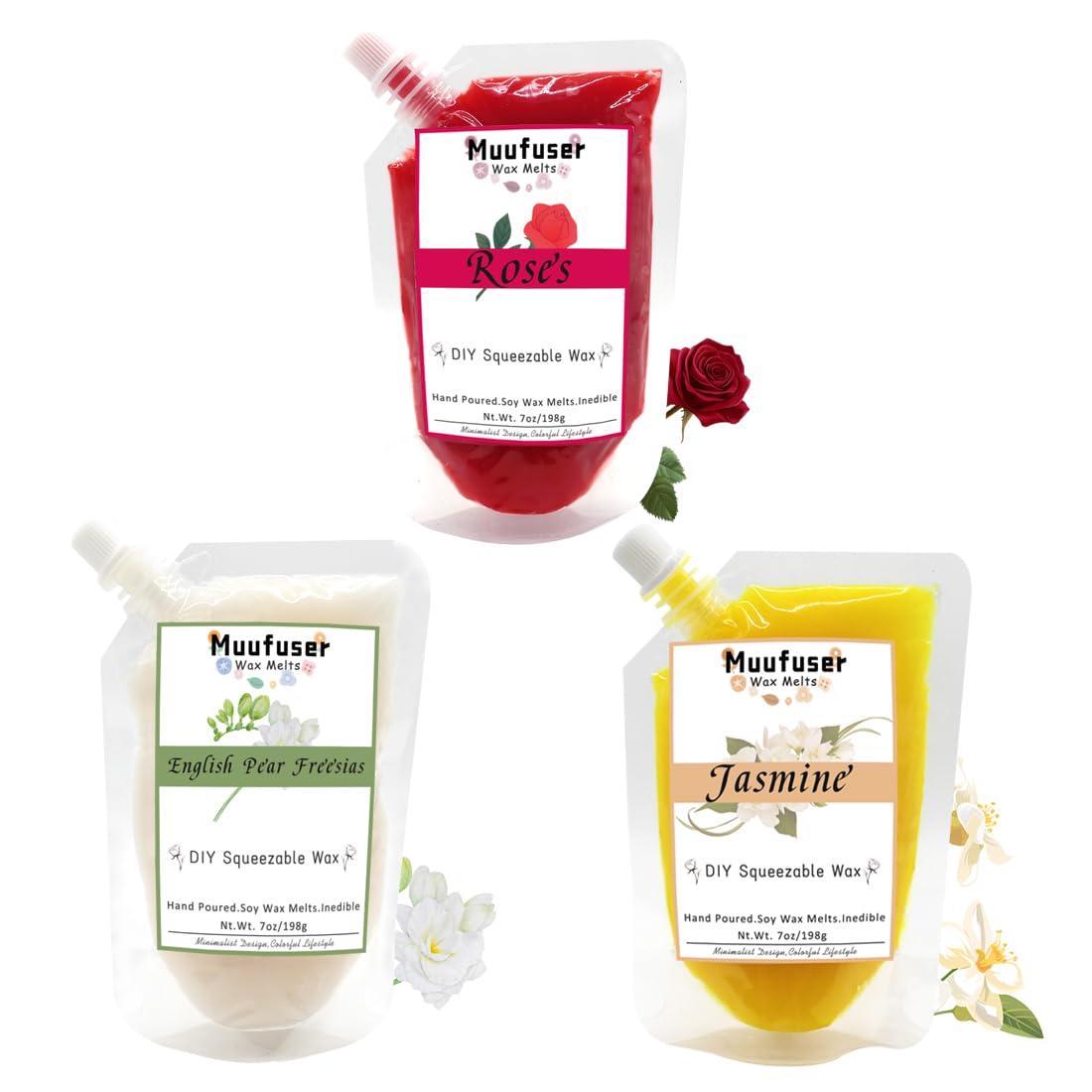 Muufuuser DIY Squeezable Soy Wax Candle โ 7 oz, 55h Burn, 3 Scents (Jasmine, Rose, English Pear & Freesia)