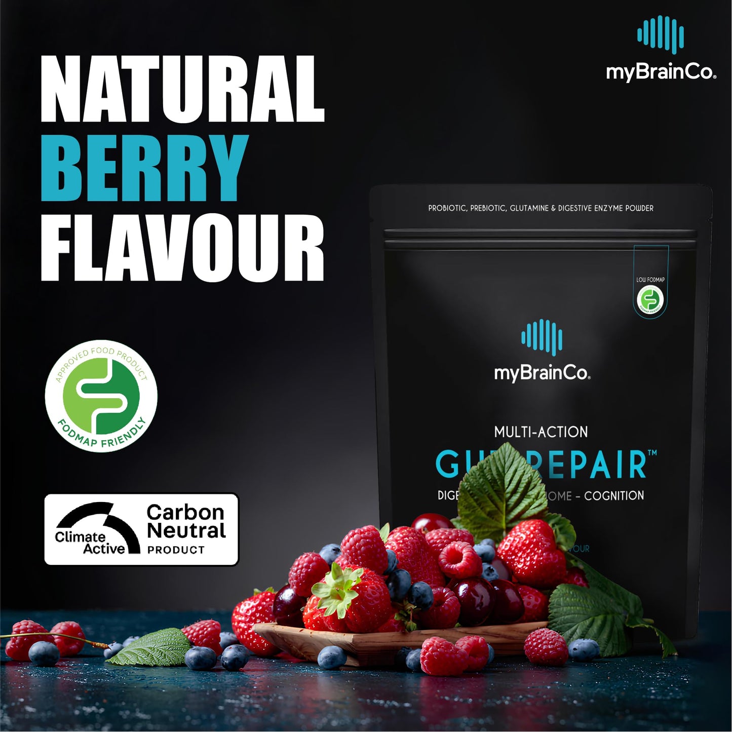 myBrainCo Gut Repair β Low FODMAP Digestive Support Powder with Probiotics, Enzymes & Glutamine (310g)