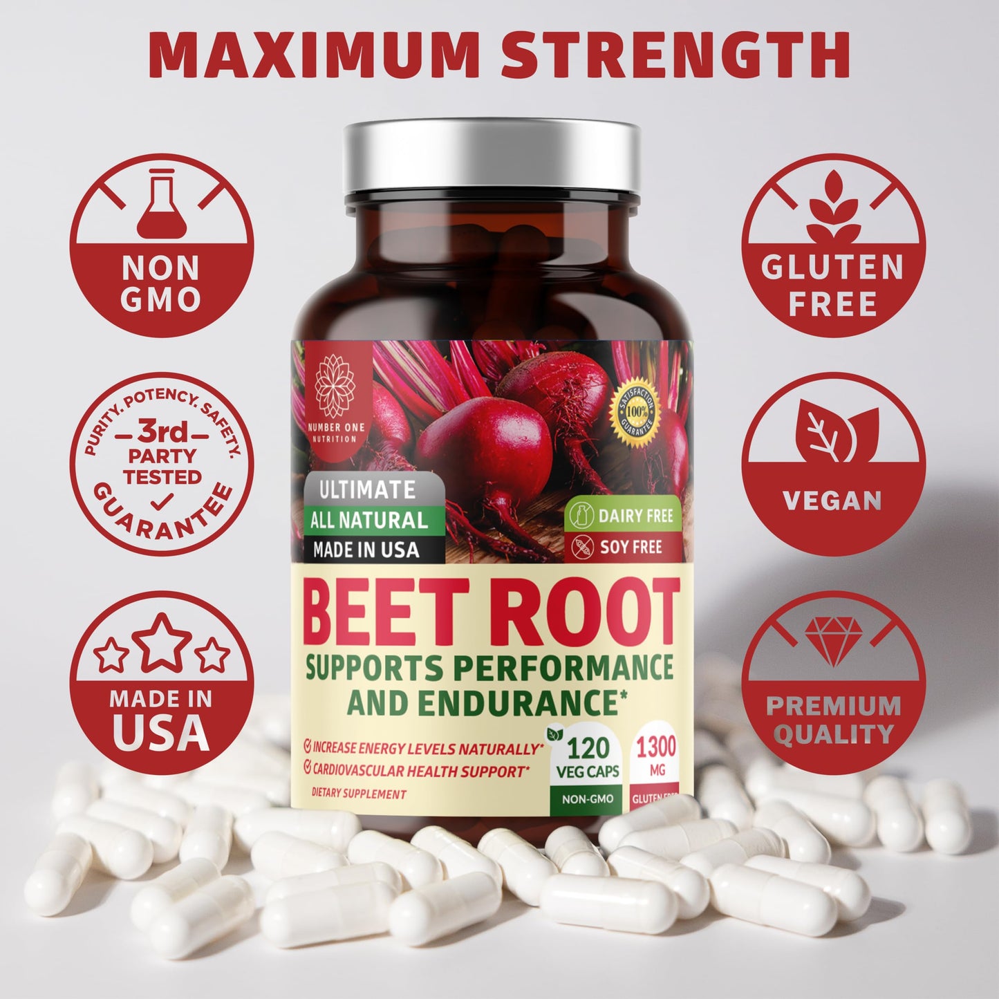 N1N Premium Organic Beet Root Capsules 1300mg โ 120 Veg Caps | Non-GMO & Gluten Free