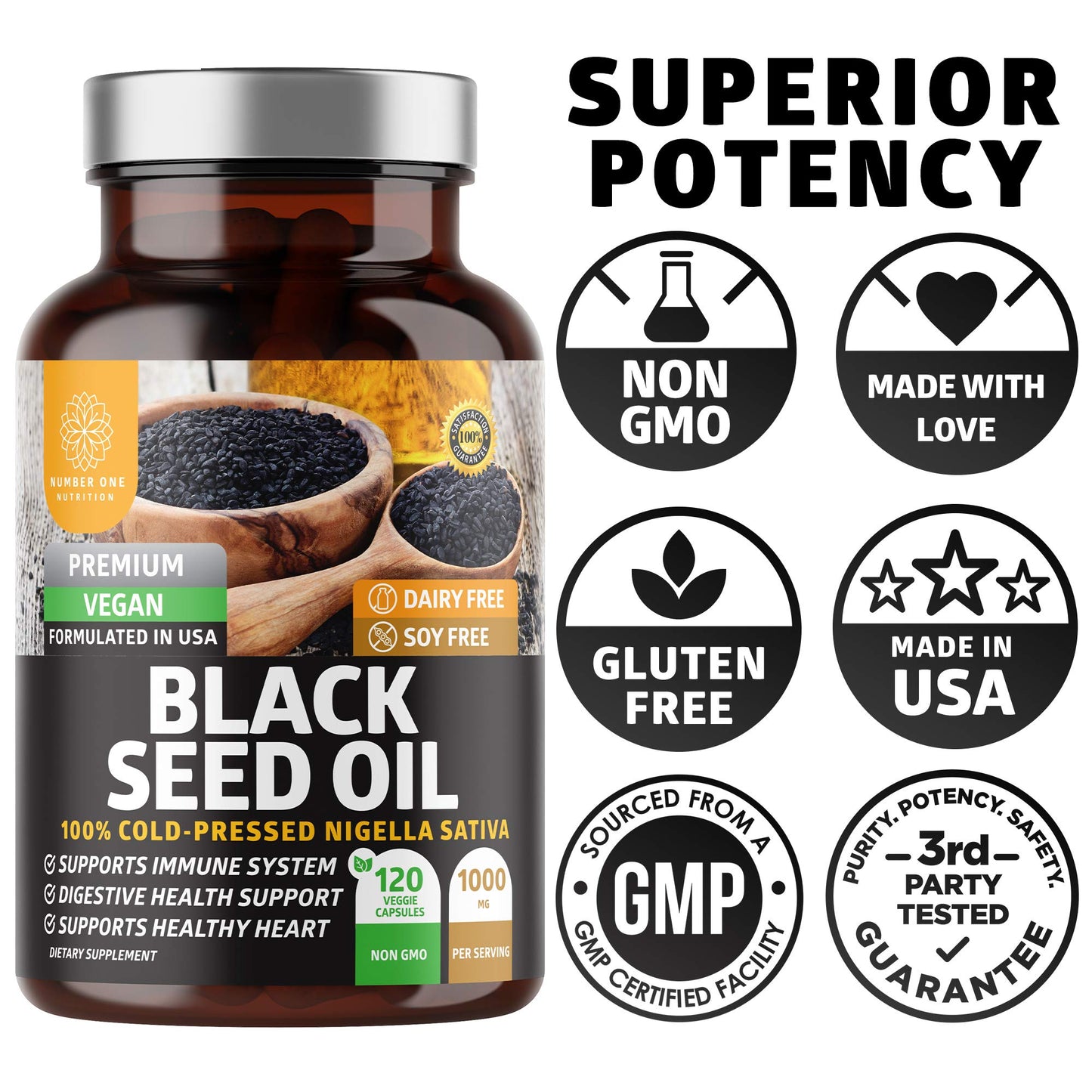 Number One Nutrition N1N Premium Black Seed Oil 1000 mg | Cold-Pressed Nigella Sativa | 120 Caps (Pack of 2)