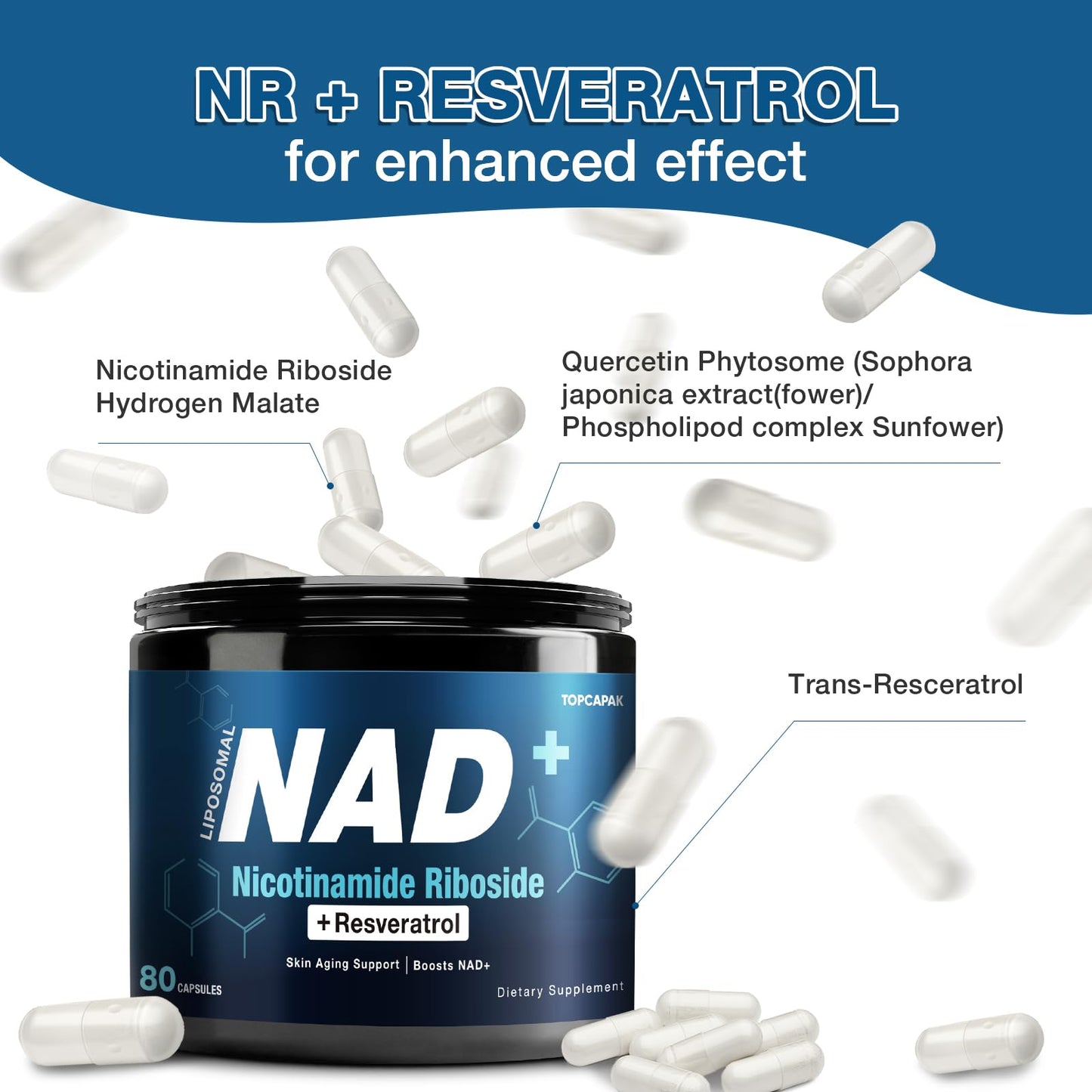 NAD+ Supplement 1000mg NR & Resveratrol | Liposomal Organic NAD for Brain & Energy â 80 Capsules (2 Pcs)