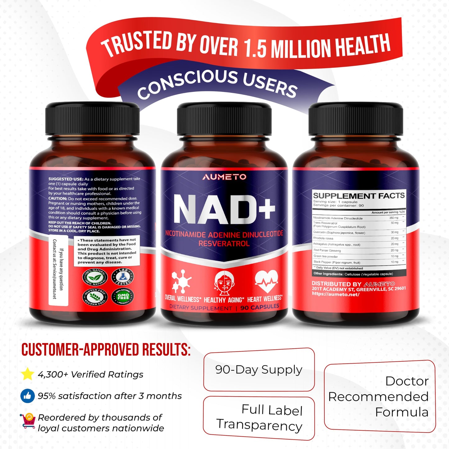 NAD+ 350mg with Trans-Resveratrol, Quercetin & Rhodiola โ Cellular Energy, Healthy Aging & Heart Wellness โ 90 Capsules โ Non-GMO, Made in USA