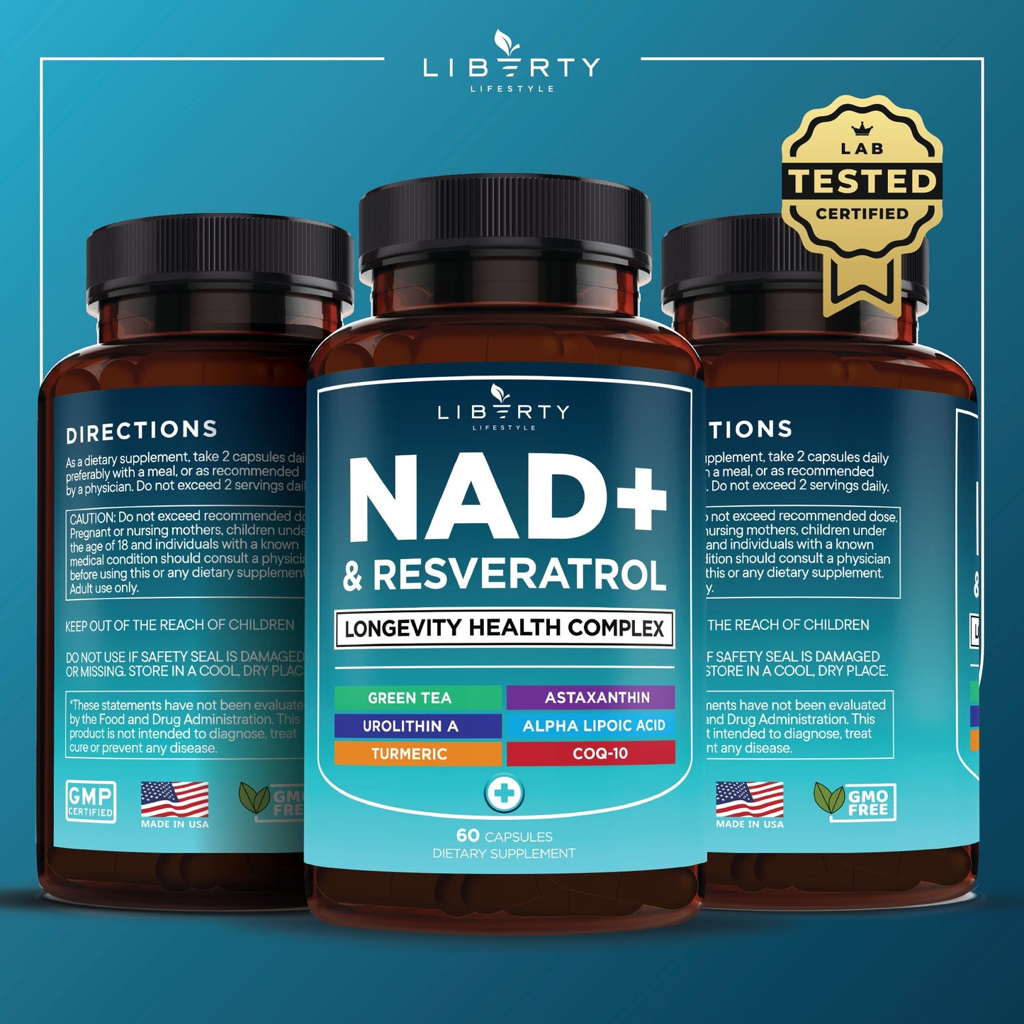 NAD+ Supplement Complex โ 300 mg NAD+ with Astaxanthin, Urolithin A, Resveratrol & CoQ10 | 180 Count