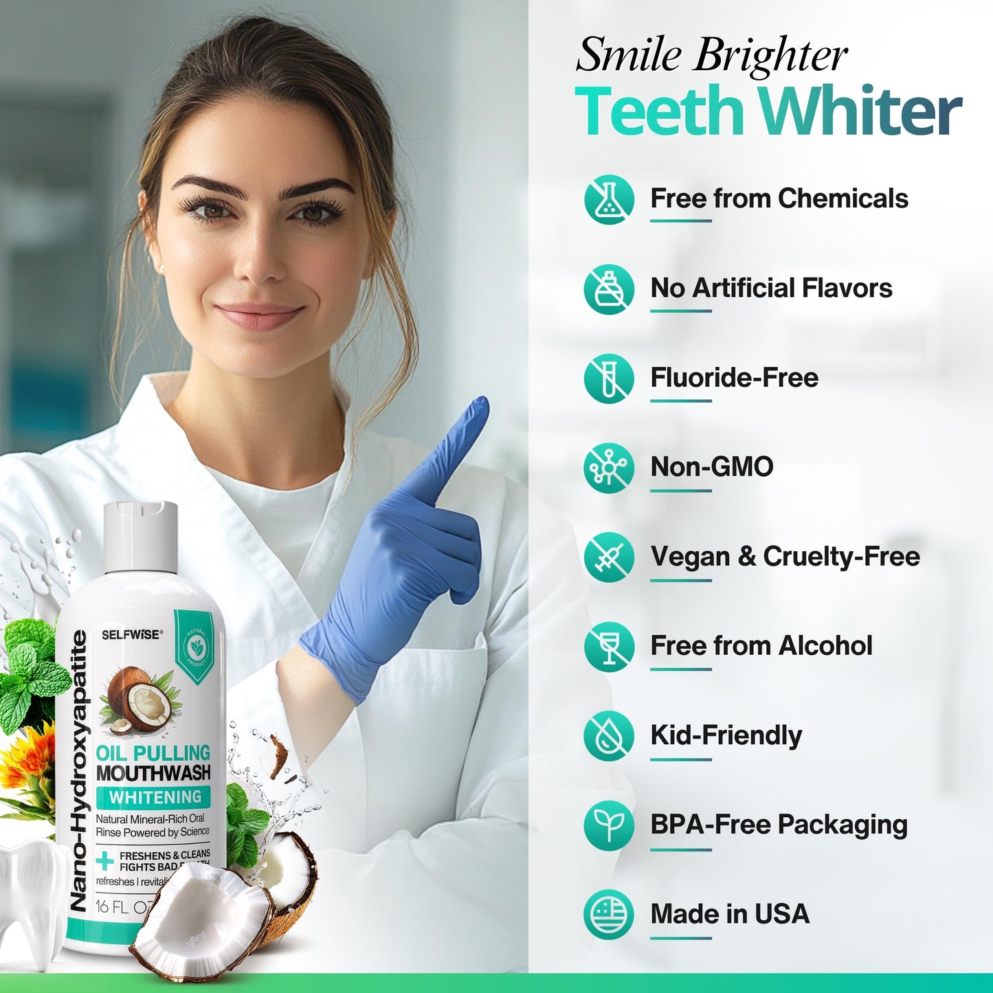 Nano-Hydroxyapatite Oil Pulling Mouthwash for Teeth & Gums โ Organic, Fluoride-Free, 16oz