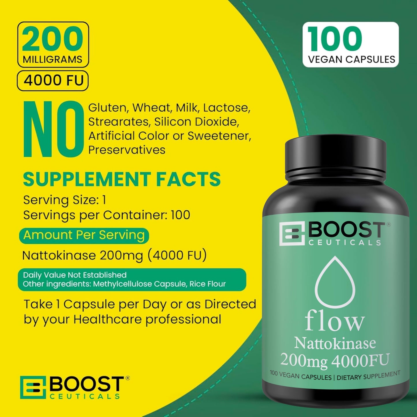 Nattokinase 4000 FU 200mg - Vegan No Stearates Gluten Free - Pure Natural Blood Thinner & Blood Flow Supplement - 100 Capsules / 100 Days Supply