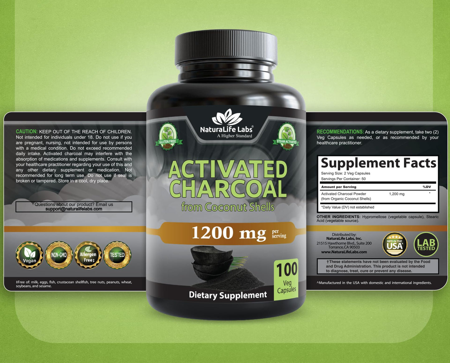 NaturaLife Labs Activated Charcoal 1200 mg โ 100 Veg Capsules | Non-GMO, Gluten-Free, Vegan