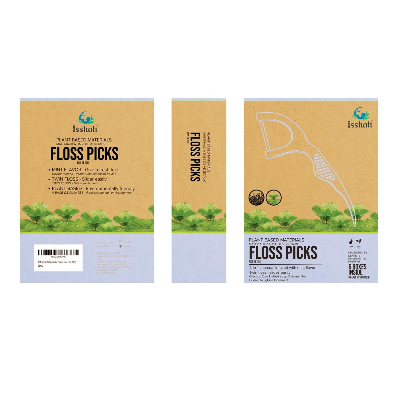 Natural Dental Floss Picks (300 Count) โ Kraft Paper Box, Plant-Based, Vegan Mint Twin Floss